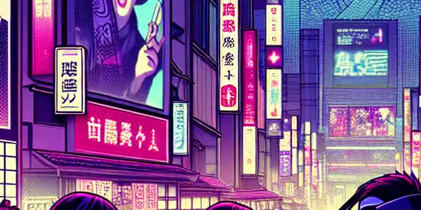 A vibrant Tokyo night scene showcasing diverse individuals engaging with adult entertainment amidst neon lights and traditional Japanese elements.
