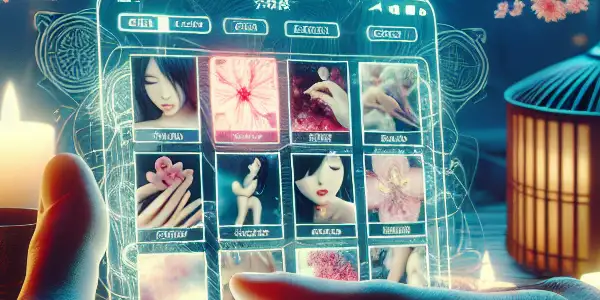 A modern digital interface showcasing a smartphone app with vibrant thumbnails of adult films in a warm, inviting setting.