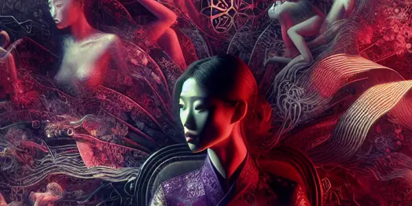 A confident figure at a vintage desk, surrounded by manuscripts, embodies modern Chinese erotic literature's allure and complexity.