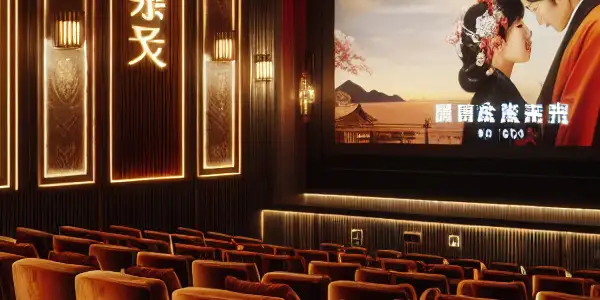 Luxurious cinema interior in Macau with plush seating, ambient lighting, and a romantic film on a large screen.