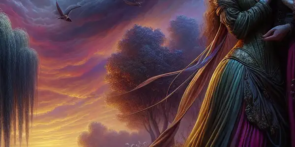 A romantic couple embraces by a flowing river, surrounded by lush nature and a dreamy twilight sky.