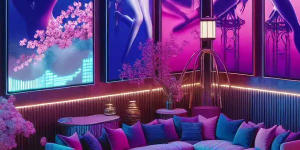 A vibrant, neon-lit digital lounge showcasing adult-themed content with abstract figures and elegant Japanese decor.