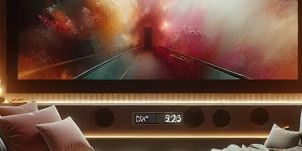 A cozy, sophisticated home theater with a plush couch, large screen, and intimate lighting for adult film viewing.