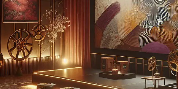 A stylish modern viewing room with ambient lighting, featuring abstract patterns on a screen and vintage film reels.