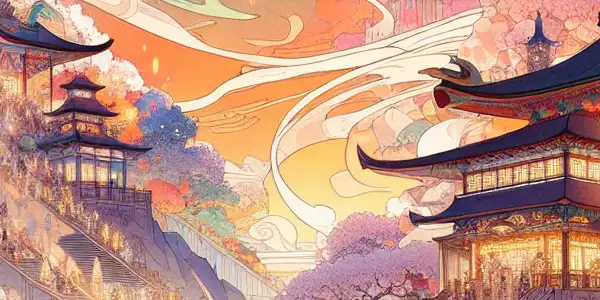 A vibrant anime scene featuring voluptuous characters in a fantastical world with a grand castle and cherry blossoms.
