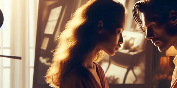 A couple sharing an intimate moment in a luxurious bedroom, illuminated by warm, soft lighting.