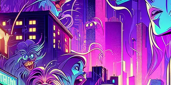 A vibrant urban night scene featuring exaggerated anime characters in dramatic, sensual poses illuminated by neon lights.
