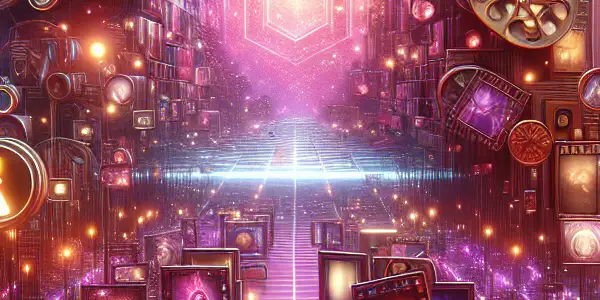 A vibrant digital landscape representing a futuristic adult entertainment platform with neon lights and abstract film elements.