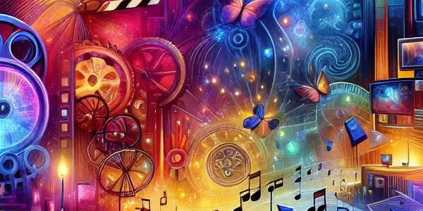 A vibrant digital landscape showcasing diverse adult entertainment elements, including film reels and glowing screens in neon colors.