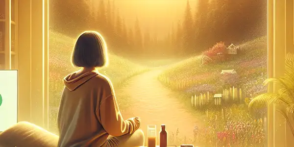 A person reading in a cozy room, symbolizing recovery from addiction, surrounded by books and exercise equipment.