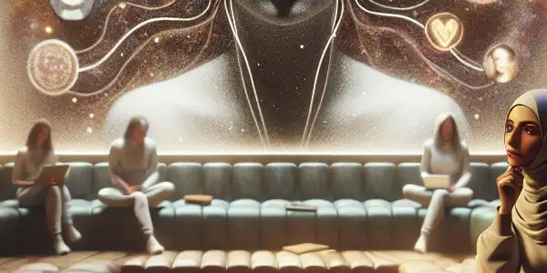 A contemplative person in a cozy room surrounded by screens displaying emotional visuals and symbols of emotional intelligence.