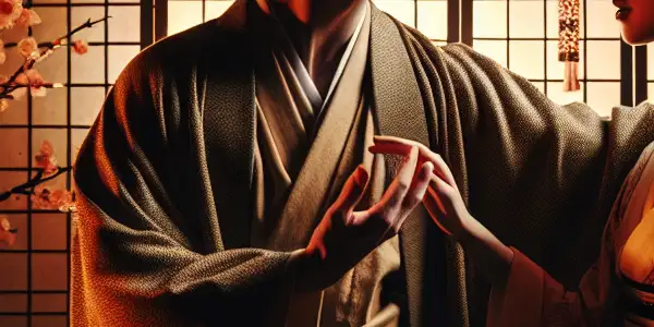 A passionate moment between a male and female actor in a dimly lit room with traditional Japanese decor.