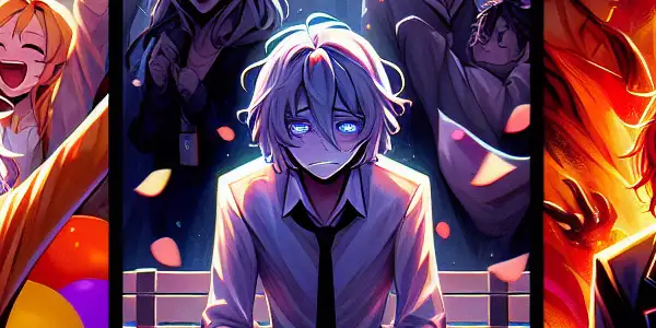 Three scenes depicting joy, sadness, and anger through expressive characters and symbolic backgrounds, illustrating emotional complexity.