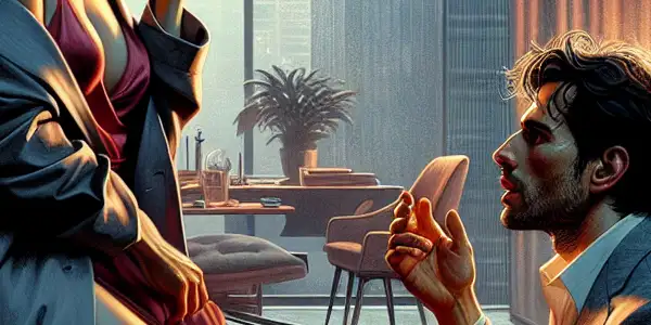 A modern office scene depicting a woman and man sharing an intimate, emotionally charged moment.