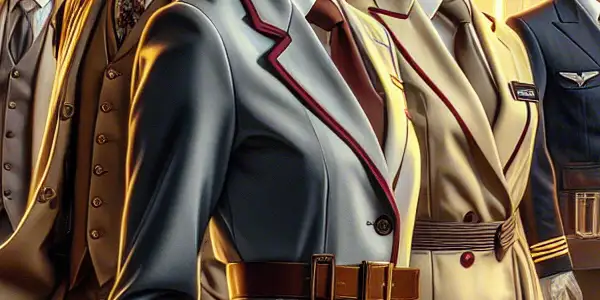 A vibrant scene featuring diverse characters in attractive professional uniforms within a stylized urban environment.