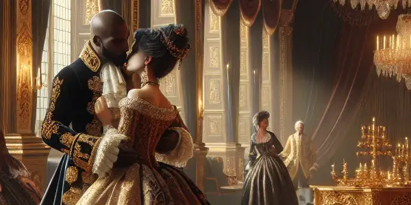 A Victorian royal court scene featuring a couple in a passionate embrace amidst opulent decor and an air of intrigue.