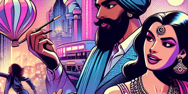 A vibrant, fantastical scene featuring provocative anime characters in a surreal cityscape filled with neon lights and whimsical architecture.