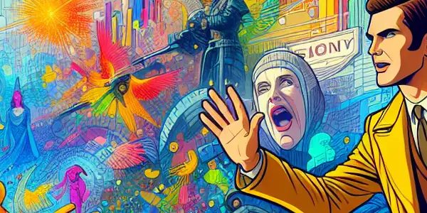 A whimsical sci-fi fantasy scene featuring colorful characters in a humorous, flirtatious encounter amidst a vibrant landscape.