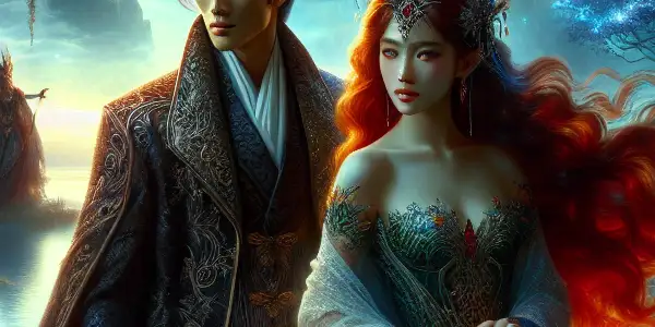 A powerful mage and a captivating demoness share a passionate connection in a mystical, ethereal landscape.