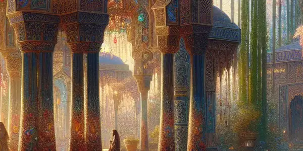 A vibrant scene blending Asian and Arabic cultures, featuring elegant characters in a luxurious garden setting.