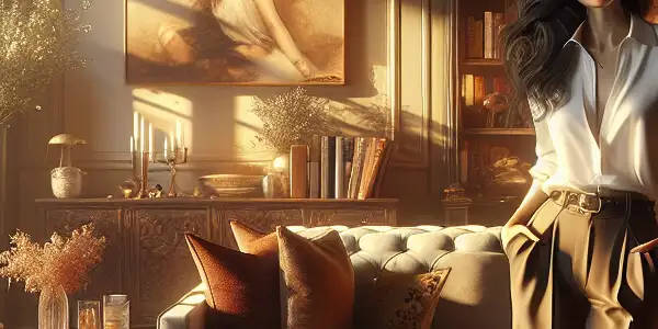 A married woman in an elegant living room, exuding confidence and allure in a warm, intimate atmosphere.