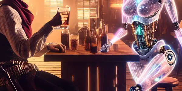 A tense interaction between a humanoid robot and a human in a futuristic Wild West landscape.<a href=