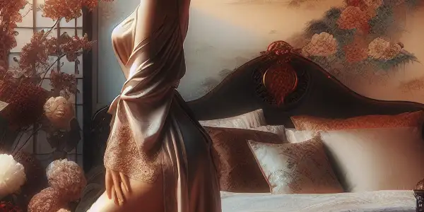 A sensual portrayal of Asuka Kira in an elegant silk robe within a luxurious Japanese bedroom setting.