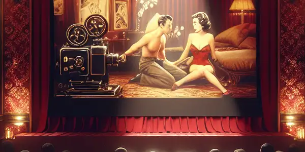 A retro movie theater scene showcasing a classic Hong Kong film, with plush seating and nostalgic visuals.